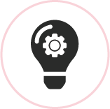 Icône d'un engrenage dans une ampoule, entouré d'un contour rose en cercle.
