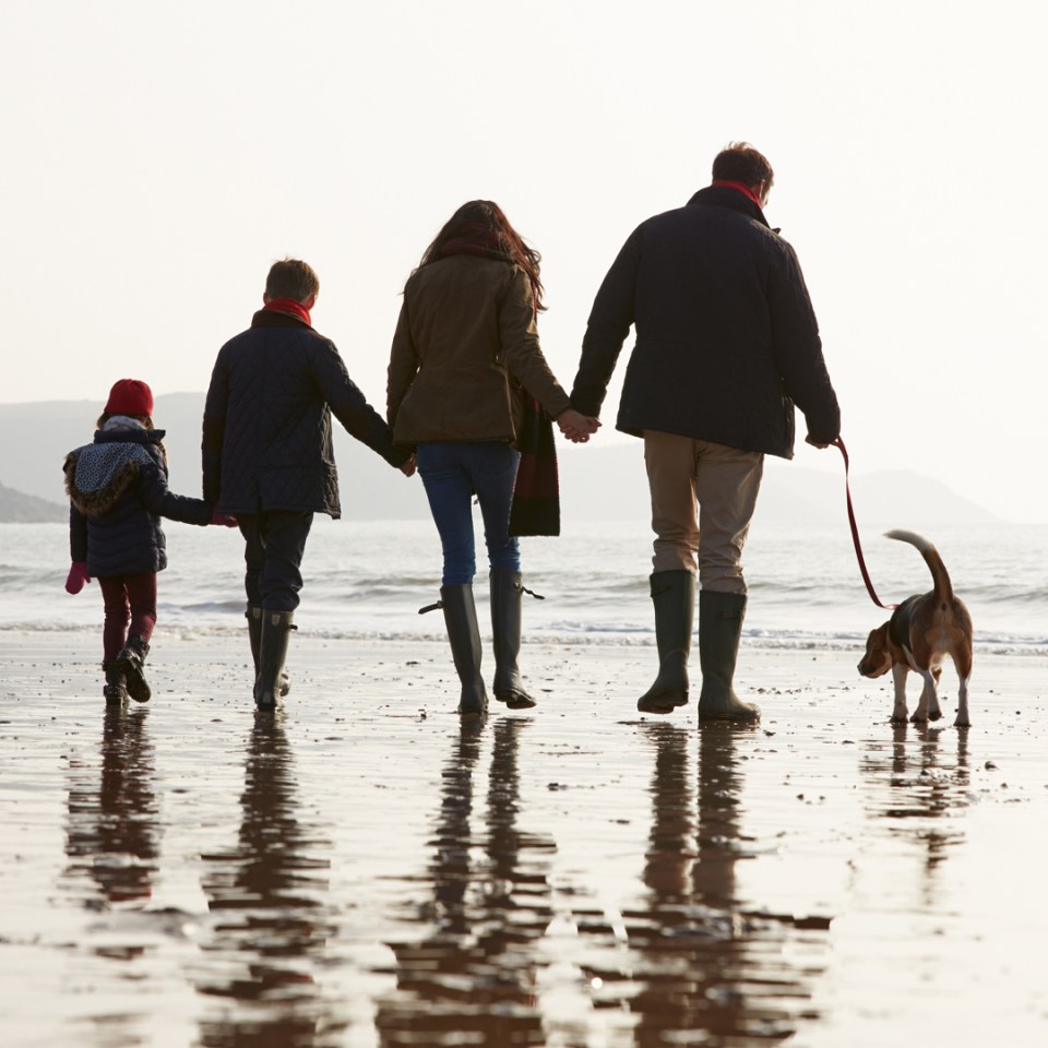 Une famille de quatre personnes marchant sur la plage en bottes de pluie avec leur chien.