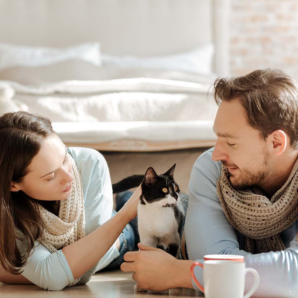 Un couple allongé sur le plancher en bois et caressant leur chat.