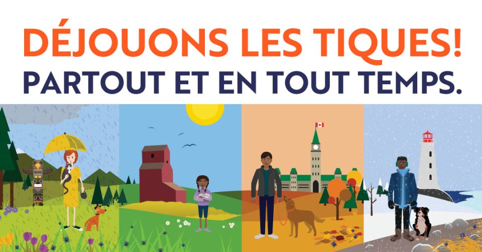 Illustration représentant des saisons avec un texte "DÉJOUONS LES TIQUES! PARTOUT ET EN TOUT TEMPS."
