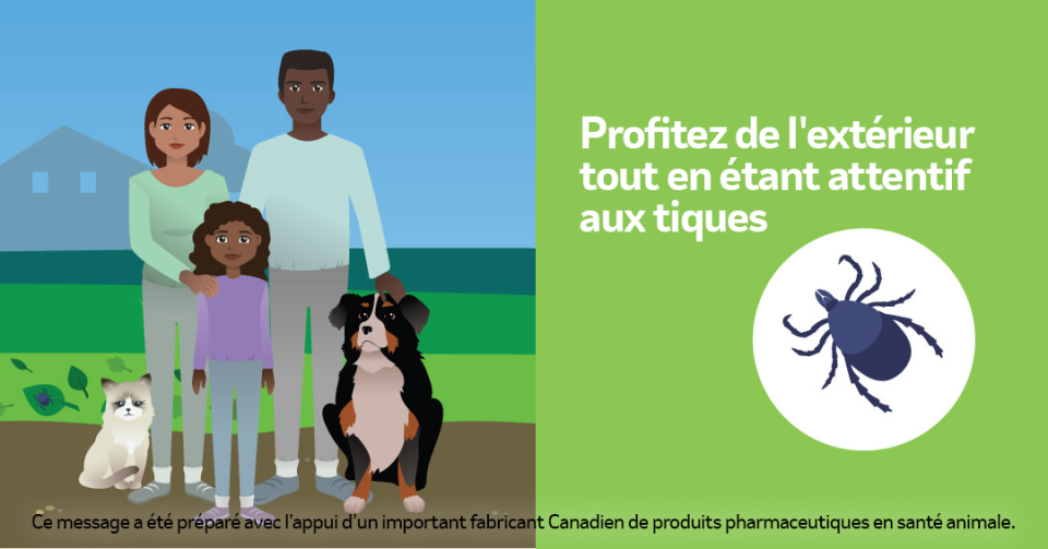 Une famille avec un chien, un chat et une tique et un texte "Profitez de l'extérieur tout en étant attentif aux tiques.